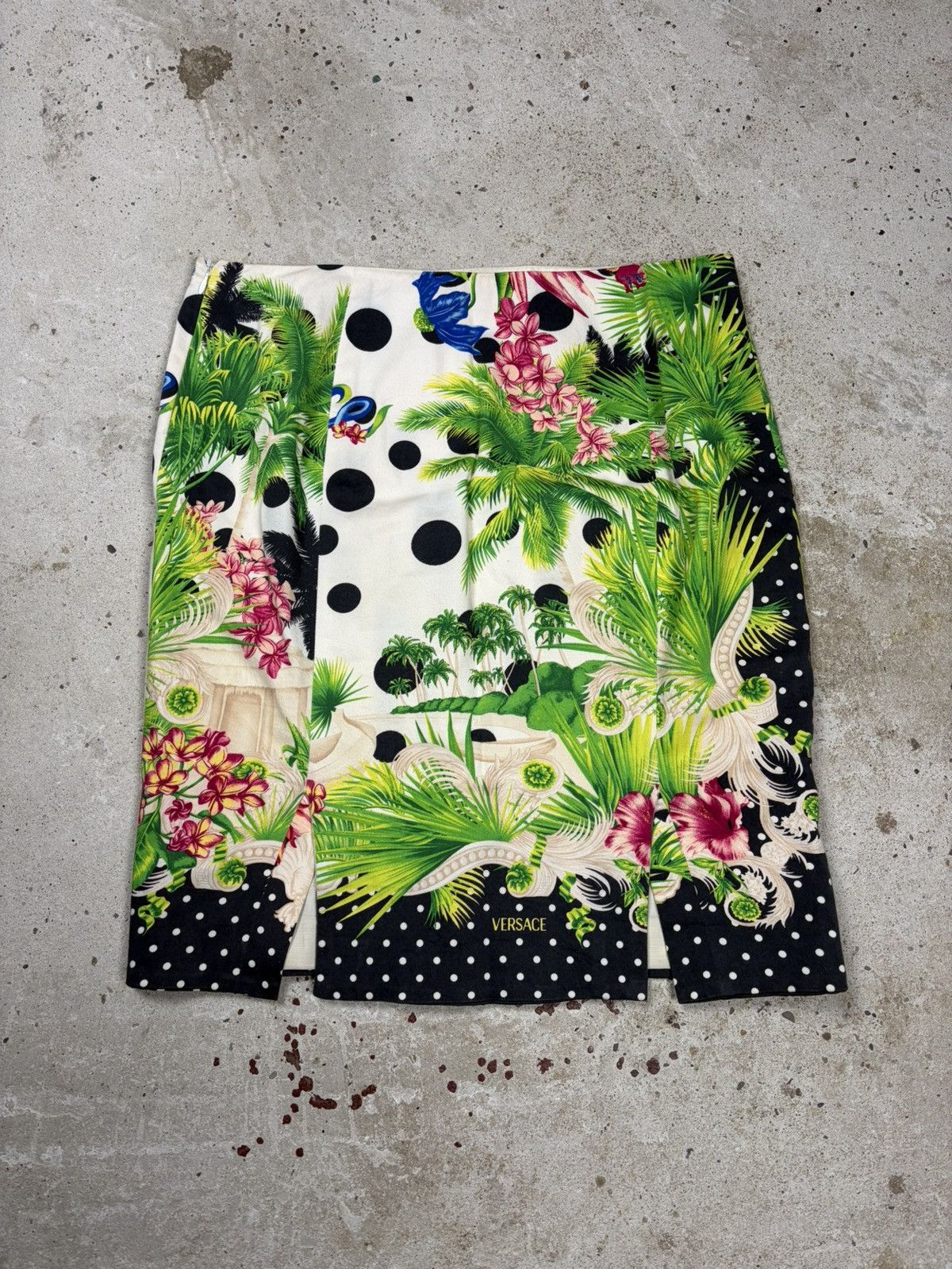 Versace 2000s Gianni Versace Floral Palms Polka Dot Print Skirt Size 33" - 2 Thumbnail