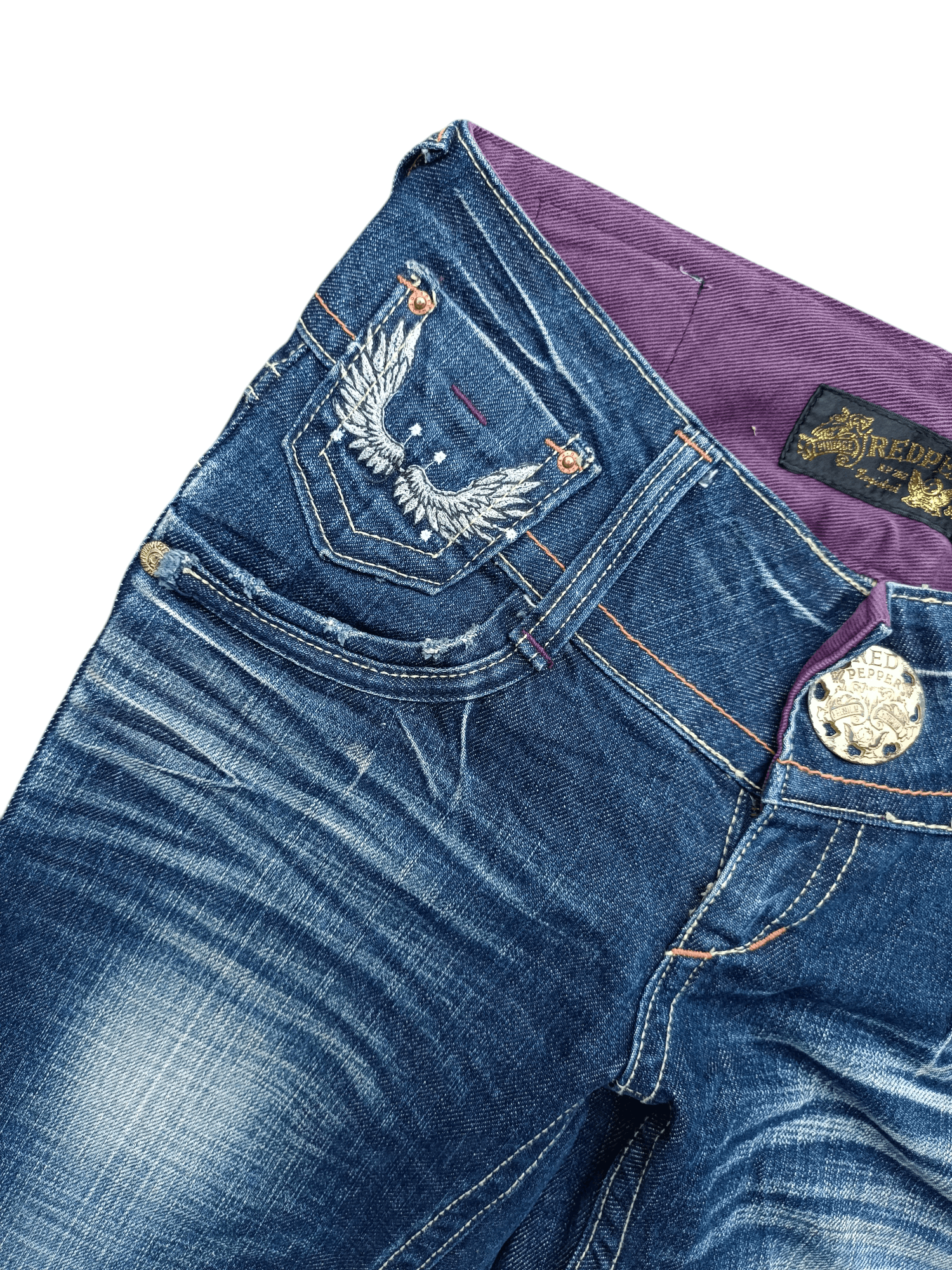 Beauty Beast × If Six Was Nine × Tornado Mart Flared Red Pepper Low Rise Embroidery Angel Wings Denim Size US 29 - 16 Thumbnail