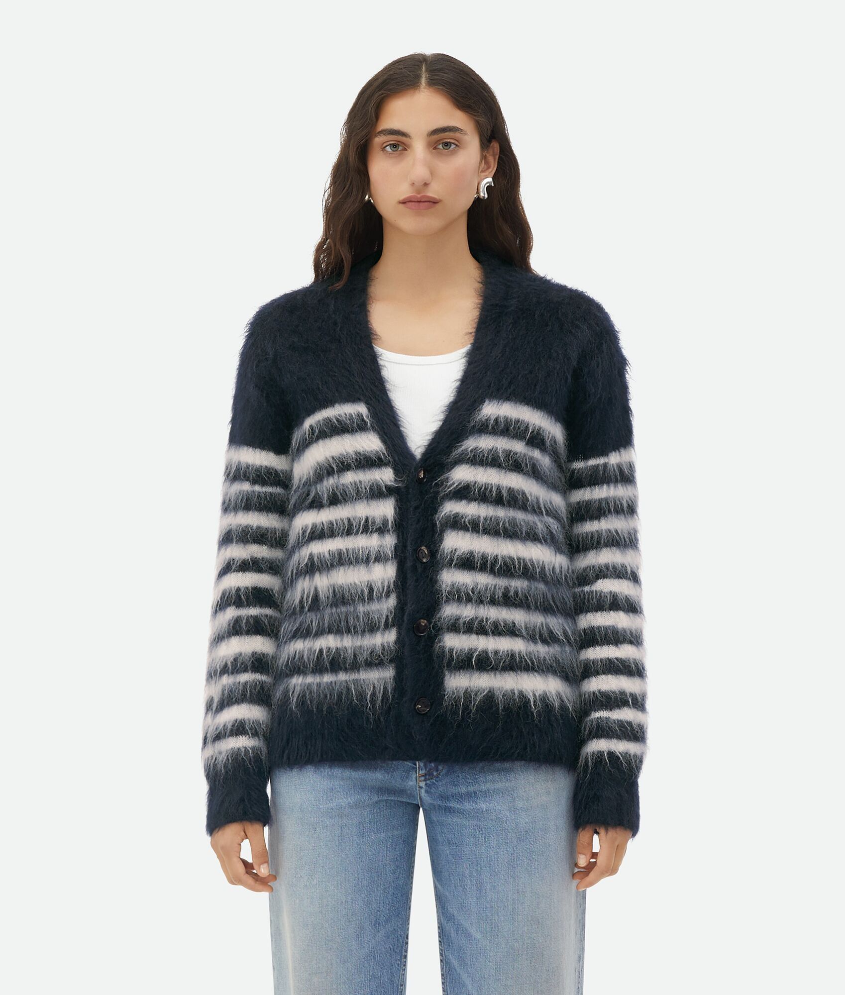 Bottega Veneta o1n1vont0325 Heavy Marinière Mohair Cardigan in Navy/Chalk Size S / US 4 / IT 40 - 1 Thumbnail