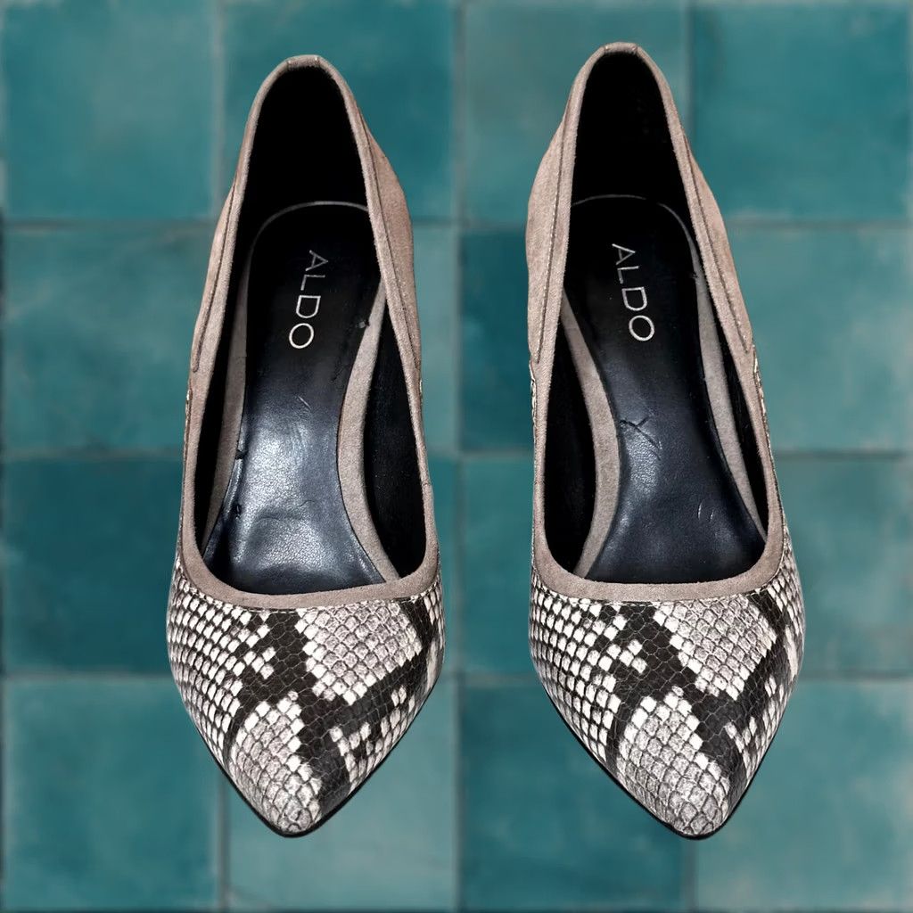 Aldo ALDO Snakeskin Print Stiletto Heels Taupe Suede Pointed Toe Pumps Womens 7 US Size US 6 / IT 36 - 1 Thumbnail