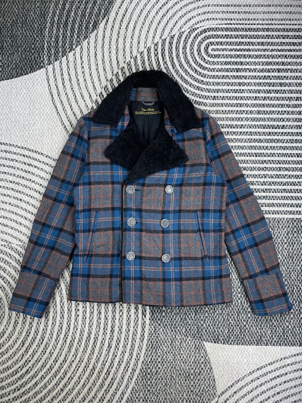 Japanese Brand Vtg Low Hurtz Blue & Grey Wool Plaid Sherpa Collar Jacket Size US M / EU 48-50 / 2 - 1 Thumbnail