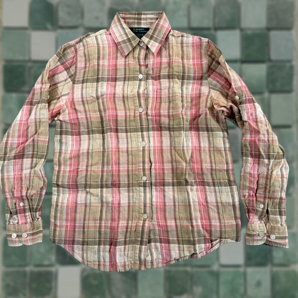 Ralph Lauren Lauren Ralph Lauren Shirt Women Small 100% Linen Beige Pink Brown Plaid Casual Workwear Lightweight Breathable Button-Up Long Sleeve Size S / US 4 / IT 40 - 1 Thumbnail