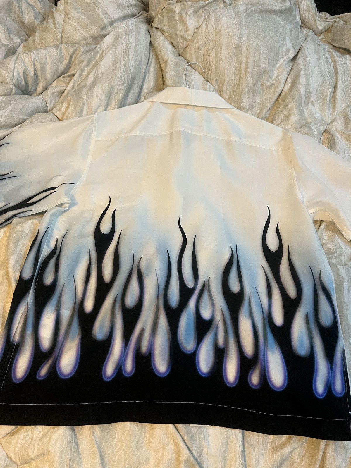 Prada Prada double match white / blue flames silk bowling shirt 