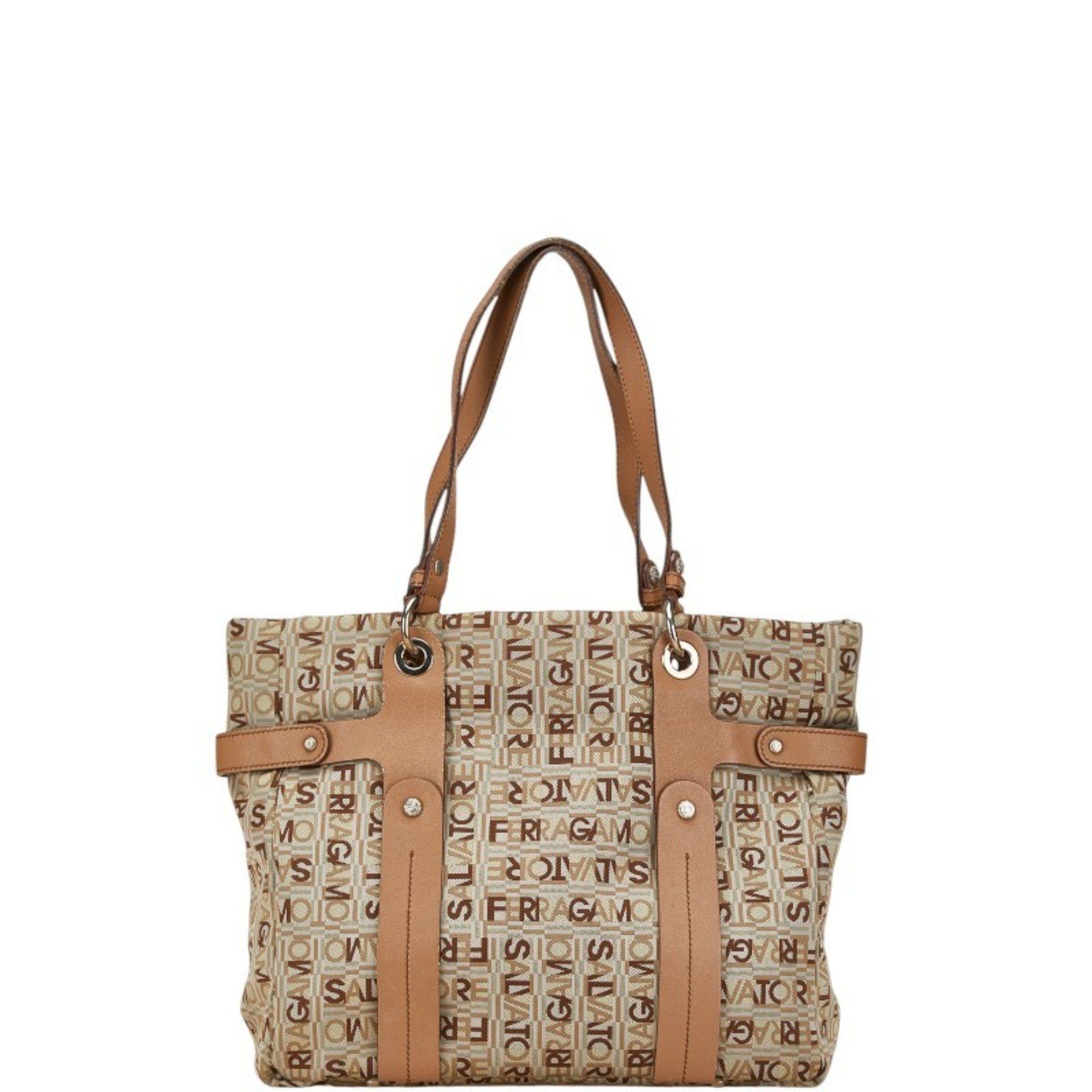 Salvatore Ferragamo Tote Bag Shoulder Ej-21 8481 Gray Beige Canvas Leather Women's