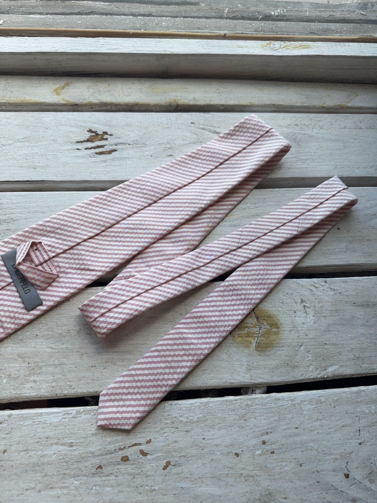 Designer × Karl Lagerfeld Vintage Karl Lagerfeld Striped Tie – Pink & White Seersucker Size ONE SIZE - 7 Thumbnail