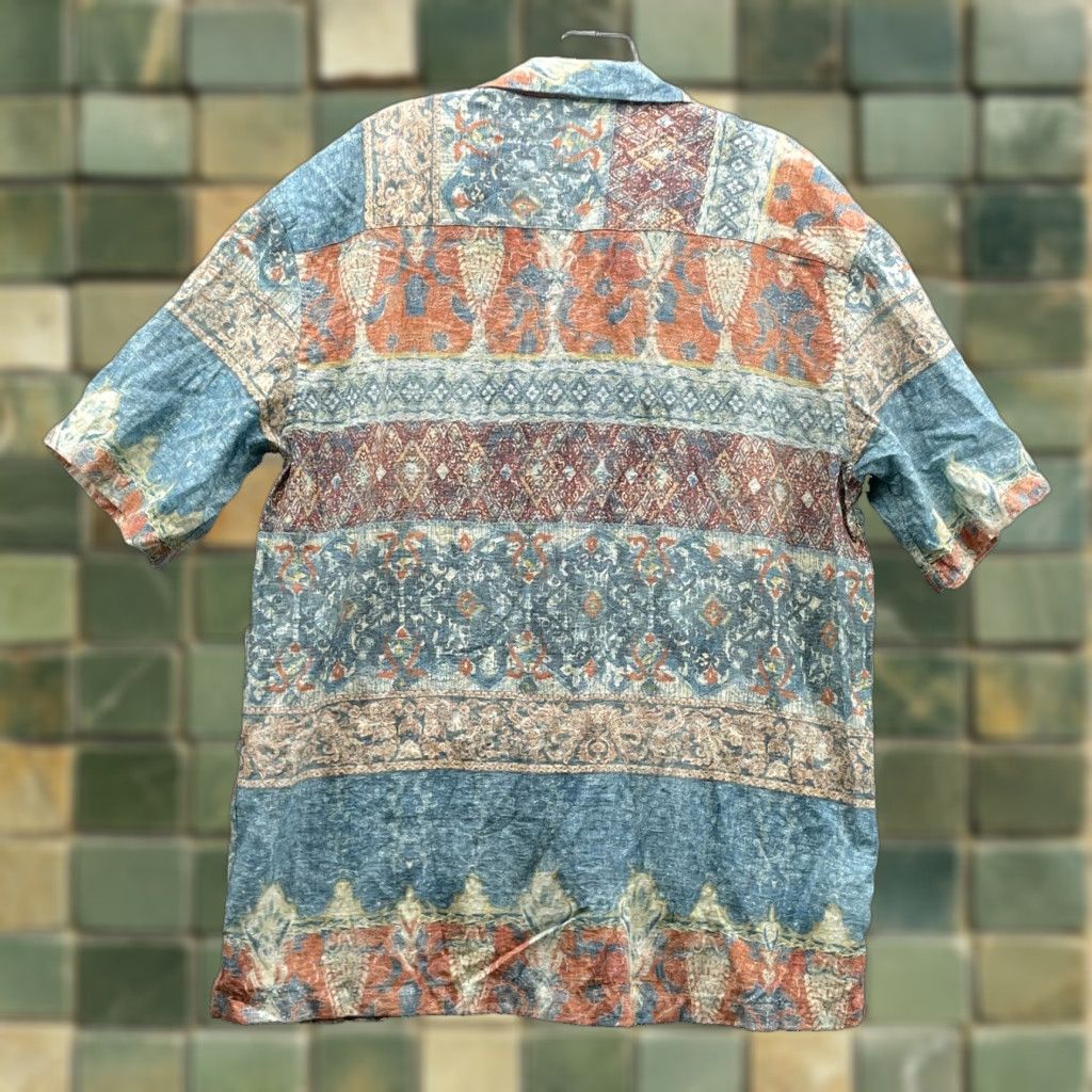 Zara Button-Down Men's Large Jacquard Boho Chic Coastal Relax Dressy Cocktail Shirt Mens L Blue Pattern Paisley 90s Holiday Office
