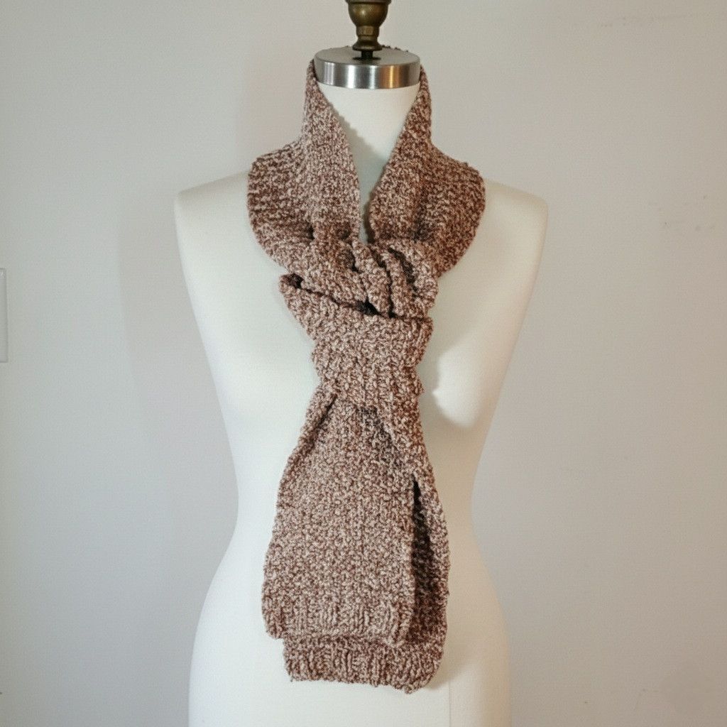 Other Handknit 74x5.5" Scarf Knit Burgundy Beige Chenille Soft Size ONE SIZE - 1 Thumbnail