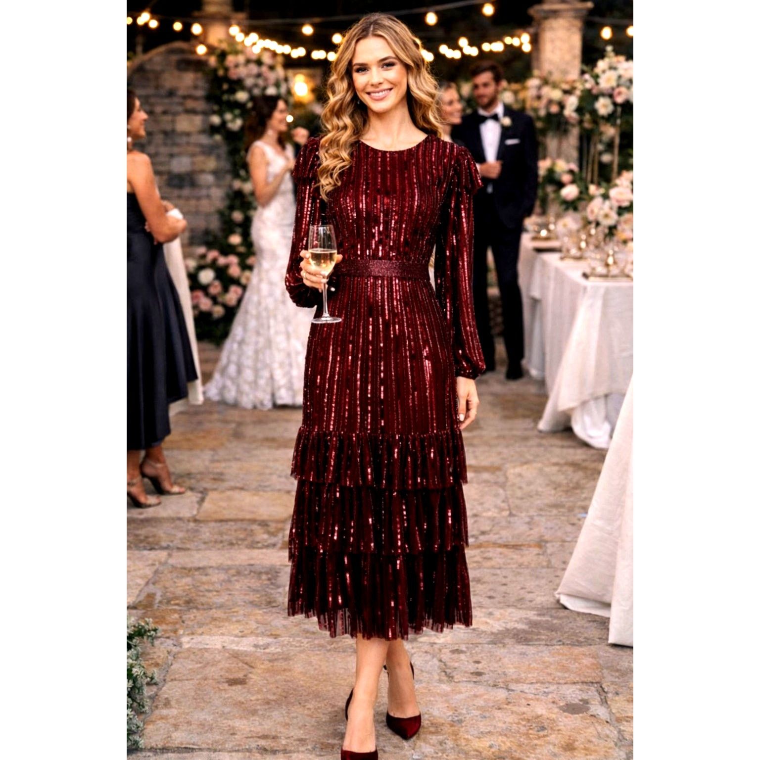 Other Mac Duggal Long Sleeve Ruffle Detail Sequin Dress Red 12 Size XL / US 12-14 / IT 48-50 - 1 Thumbnail