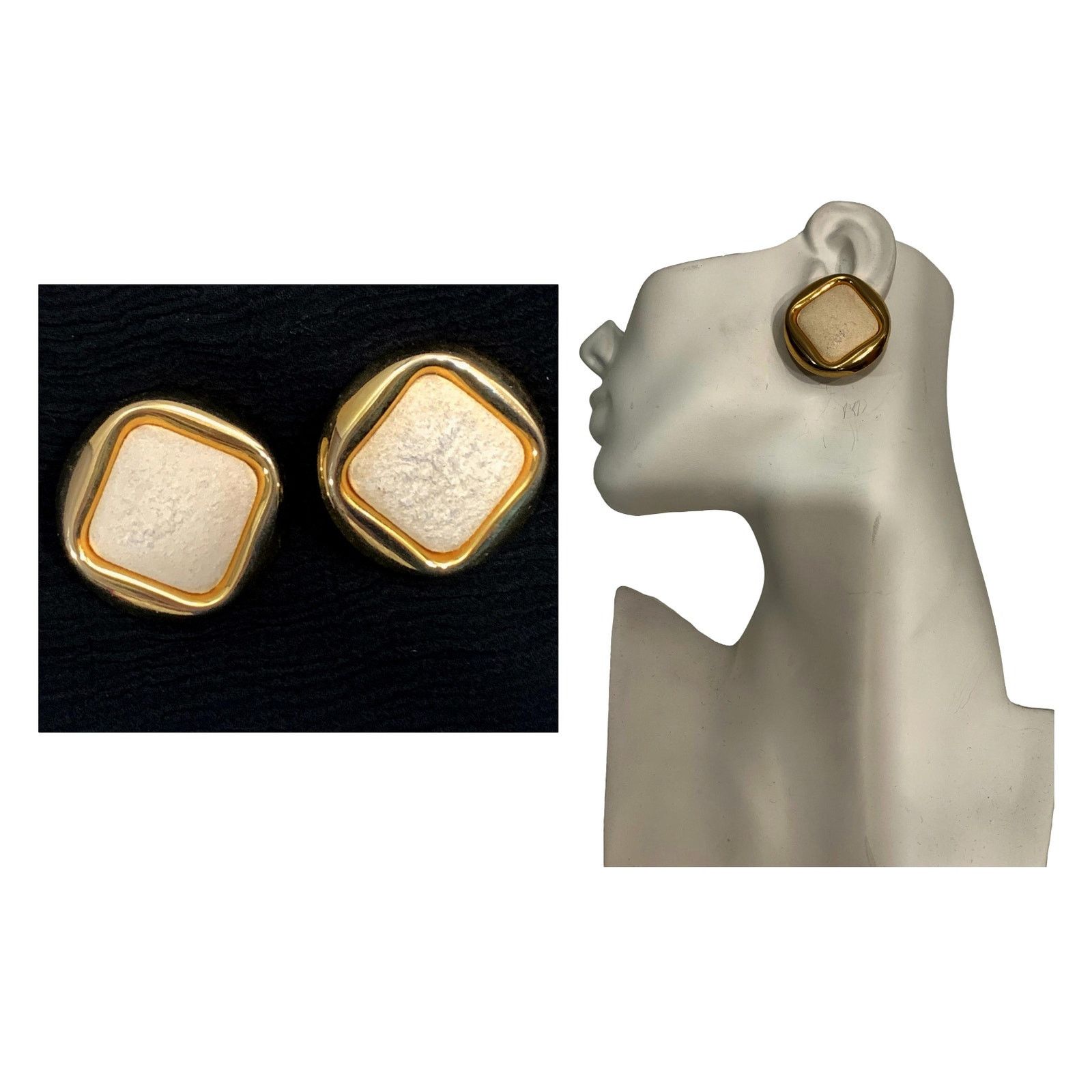 Vintage 80s Gold & Cream Suede Oversized Clip On Earrings | Mod 1.5" Size ONE SIZE - 9 Thumbnail