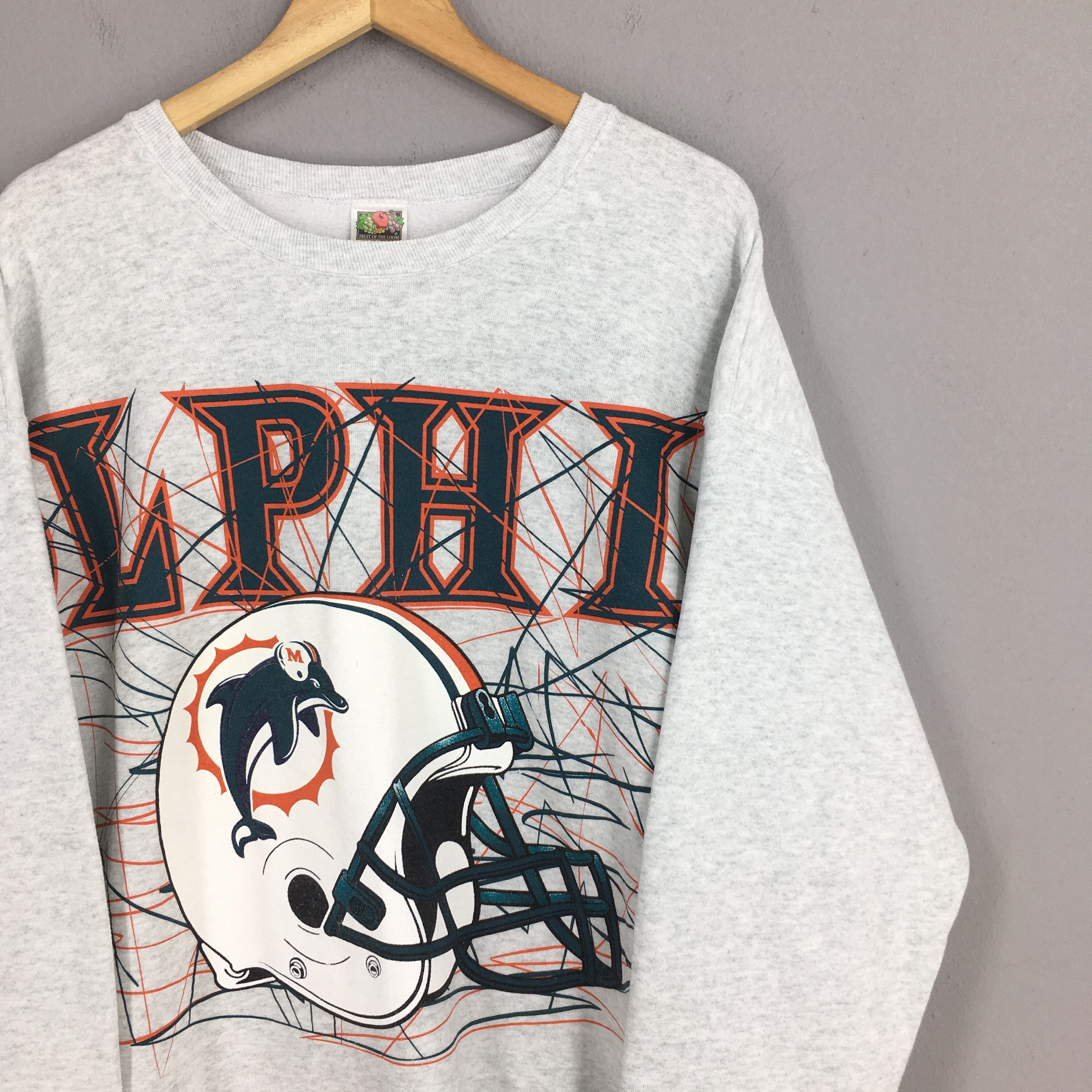 Fruit Of The Loom × NFL × Vintage Vintage 90s Miami Dolphins NFL Gray Sweatshirt XLarge Size US XL / EU 56 / 4 - 2 Thumbnail