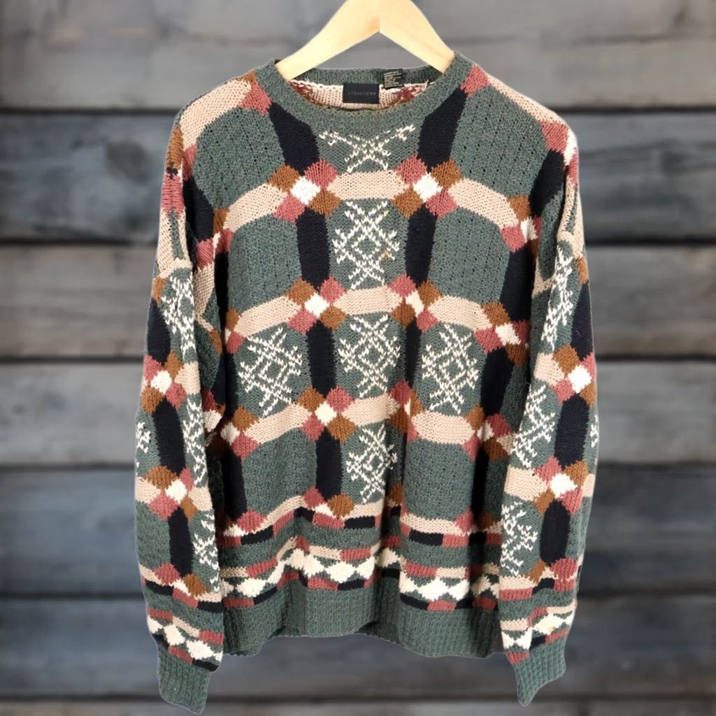 Vintage VINTAGE Structure Sweater Men XL Green Geometric Crew Neck Heavyweight Knit Cotton Blend Ramie Size US XL / EU 56 / 4 - 1 Thumbnail