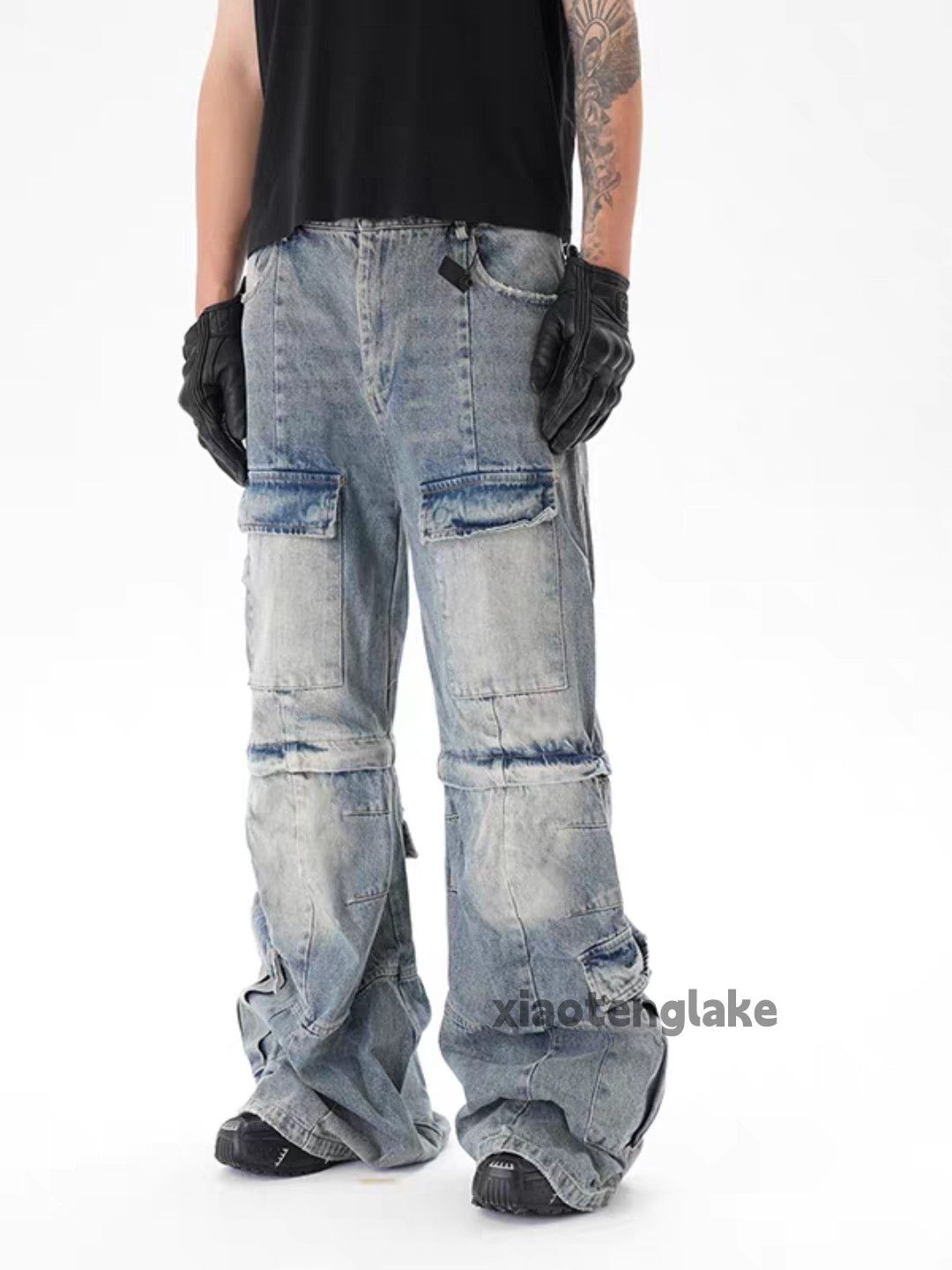 Jean Washed faded loose baggy skate hiphop car flared pants Size US 37 - 1 Thumbnail