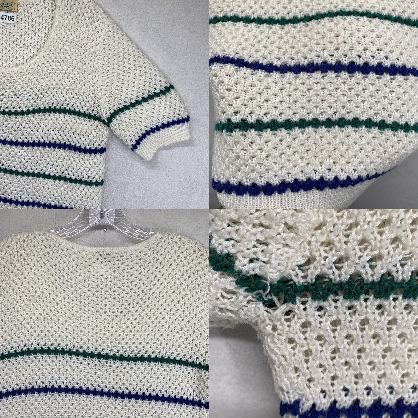 Vintage VINTAGE Jessica Scott Women's Jumper XS Open-Knit Pullover Short Sleeve 80s 90s Retro Aztec American White Blue Green Stripes Size XS / US 0-2 / IT 36-38 - 8 Thumbnail