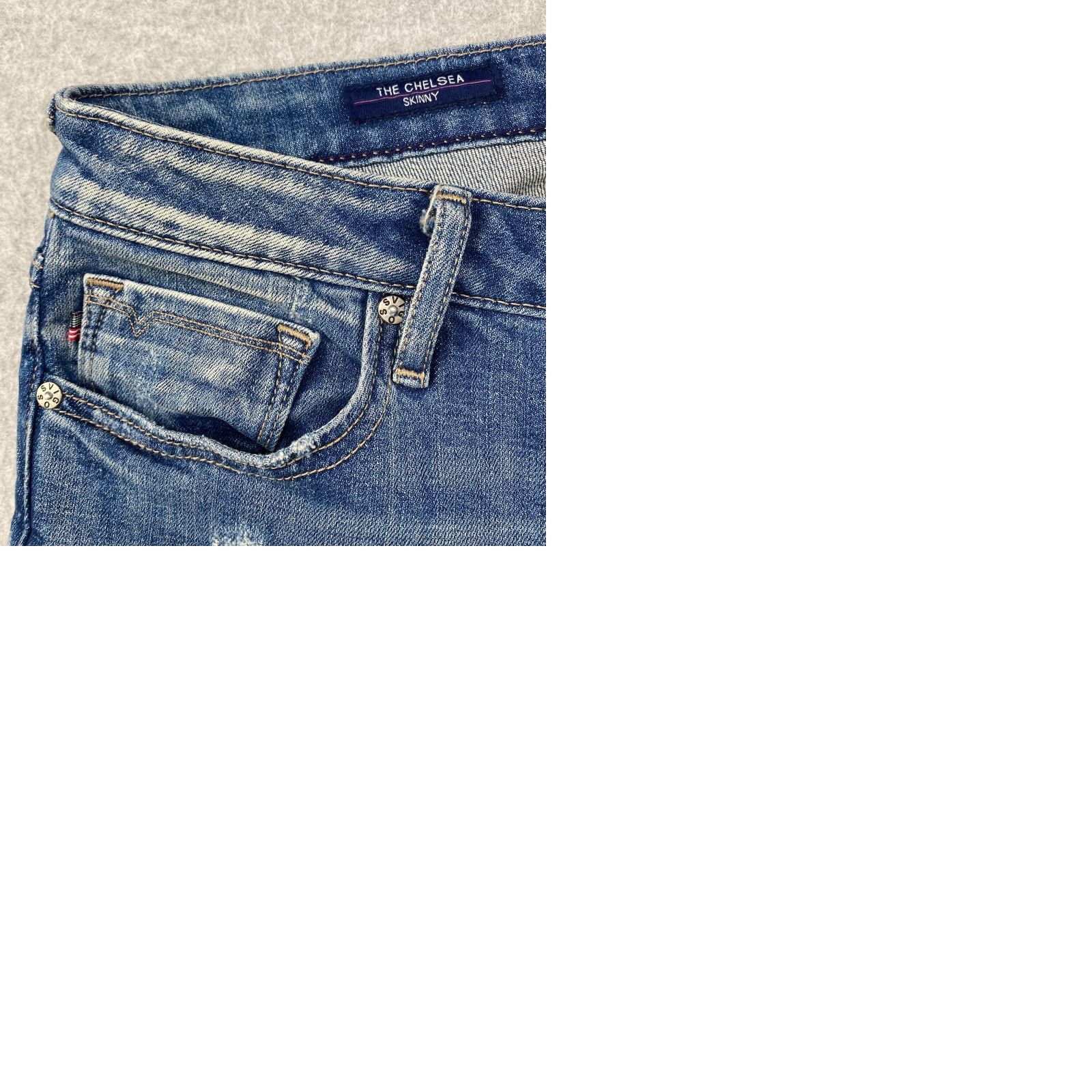 Vintage VIGOSS Chelsea Skinny Jeans 33x28 Blue Ankle Stretch Denim Distressed Logo Belt Loops 5-Pocket Women Size 24" / US 00 / IT 34 - 9 Thumbnail