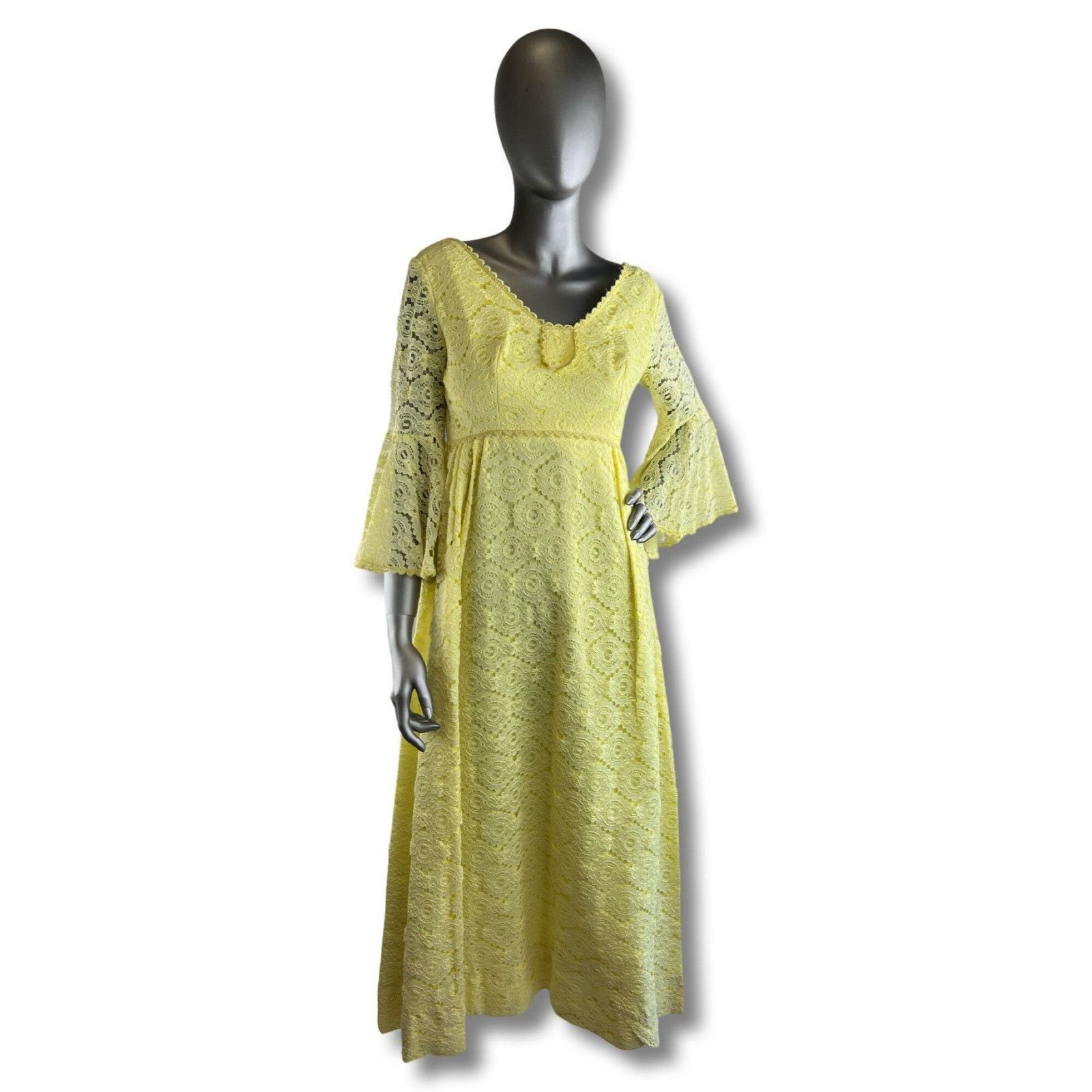 Vintage Yellow Boho Lace Maxi Dress Bell Sleeves Small/Med