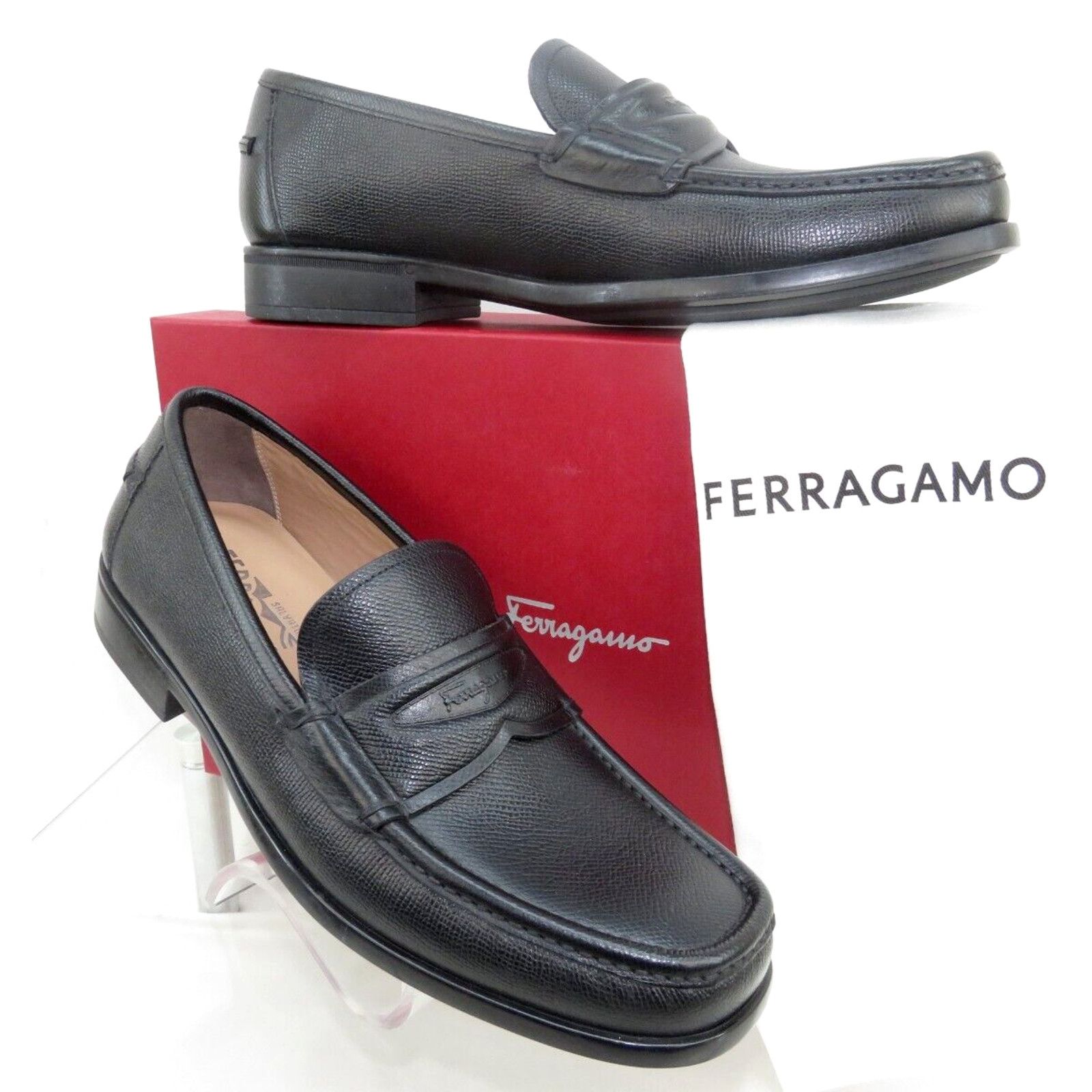 Salvatore Ferragamo LANZAROTE BLACK SAFFIANO LEATHER LOGO PENNY LOAFERS 11 D Size US 11 / EU 44 - 7 Thumbnail