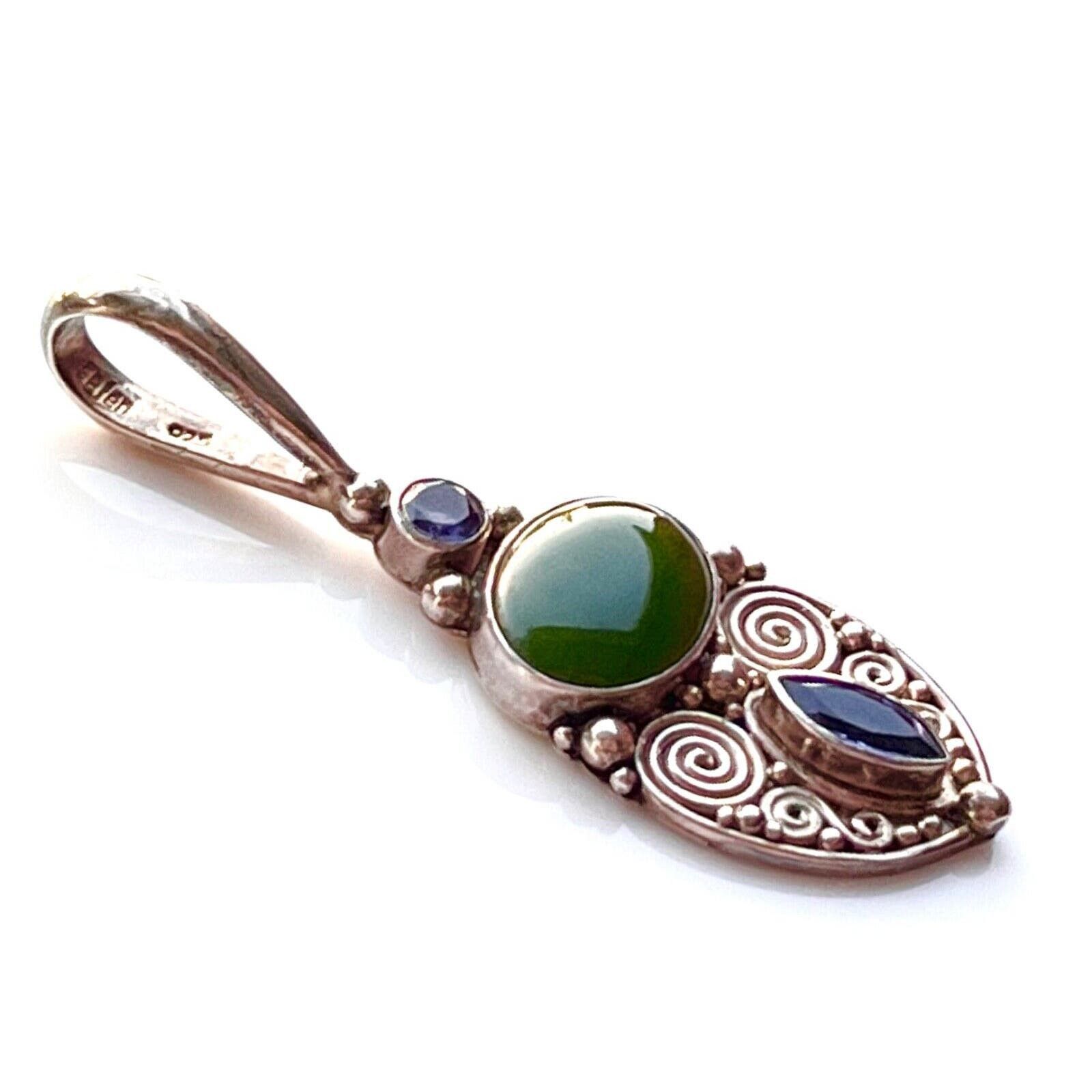 image of Vintage Silver Sajen Pendant 2.5" Nephrite Jade Amethyst Blue Iolite, Women's