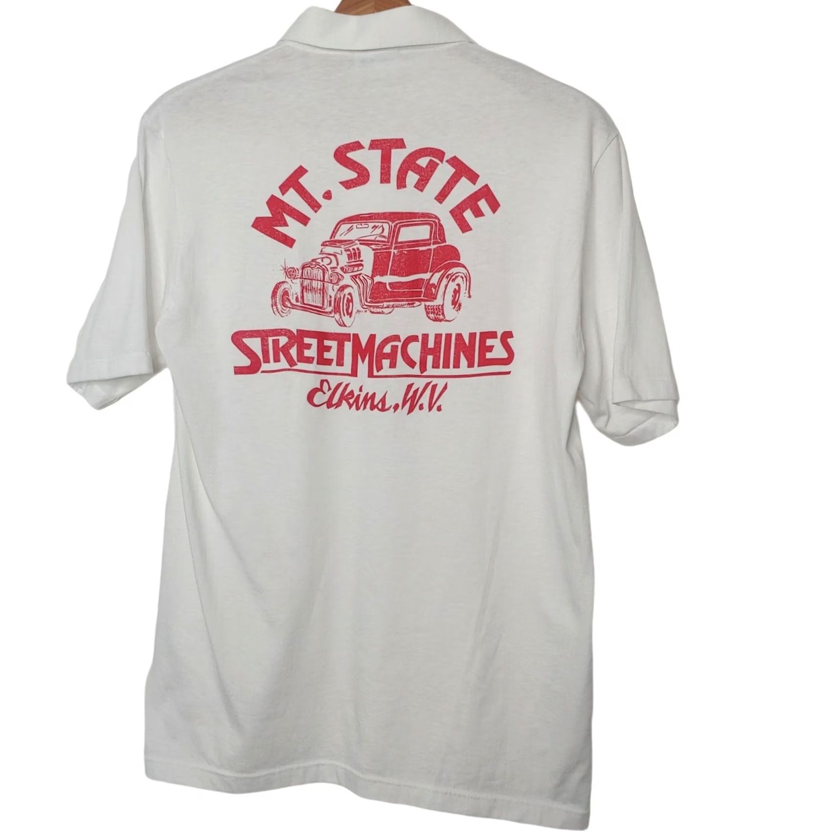 Vintage VINTAGE Single Polo Shirt Mountain State Street Machines White Large Mens Short Sleeve Collared Cars Hot Rod Size US L / EU 52-54 / 3 - 2 Thumbnail