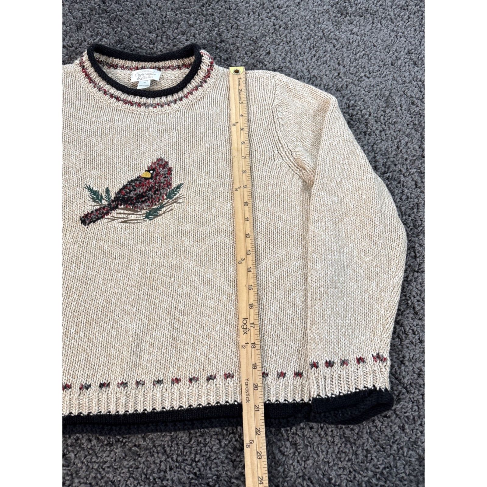 Vintage VINTAGE Christopher Banks Sweater Womens Medium Chunky-Knit Cardinal Bird Beige Crew Neck Pullover Ramie Cotton Knit-Style Size M / US 6-8 / IT 42-44 - 2 Thumbnail