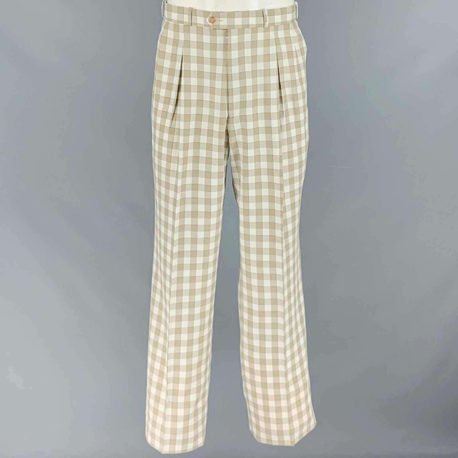 Other Cream Taupe Checkered Polyester Wide Leg Pleated Dress Pants Size US 34 / EU 50 - 1 Thumbnail
