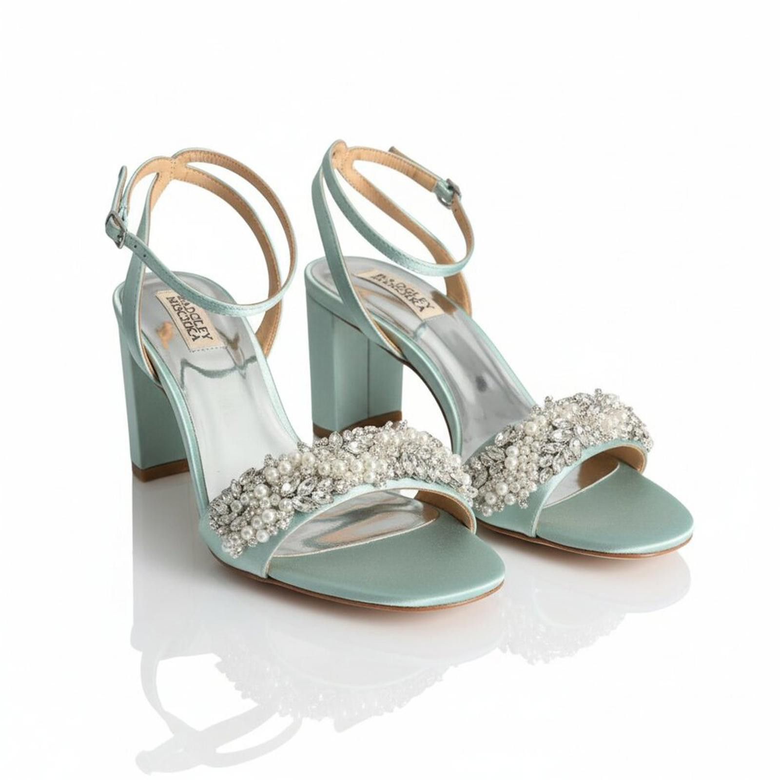 Other New Badgley Mischka Clara Teal Pearl Block Heel Sandals 8.5 Size US 8.5 / IT 38.5 - 4 Thumbnail