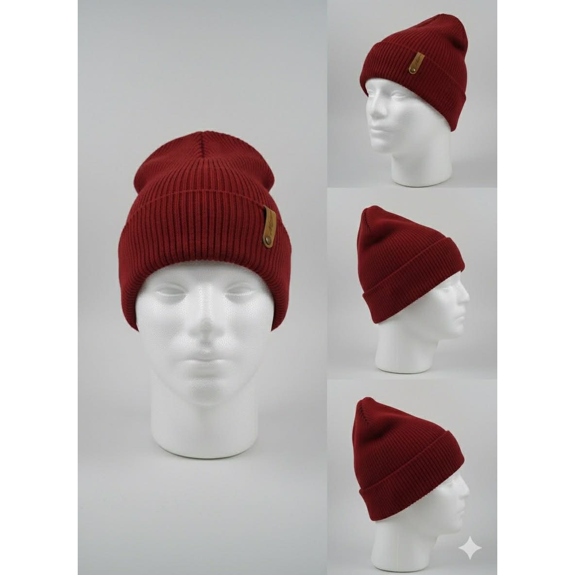 Other New Burgundy Red Knit Beanie Hat Leather Patch Cuffed Winter Size ONE SIZE - 4 Thumbnail