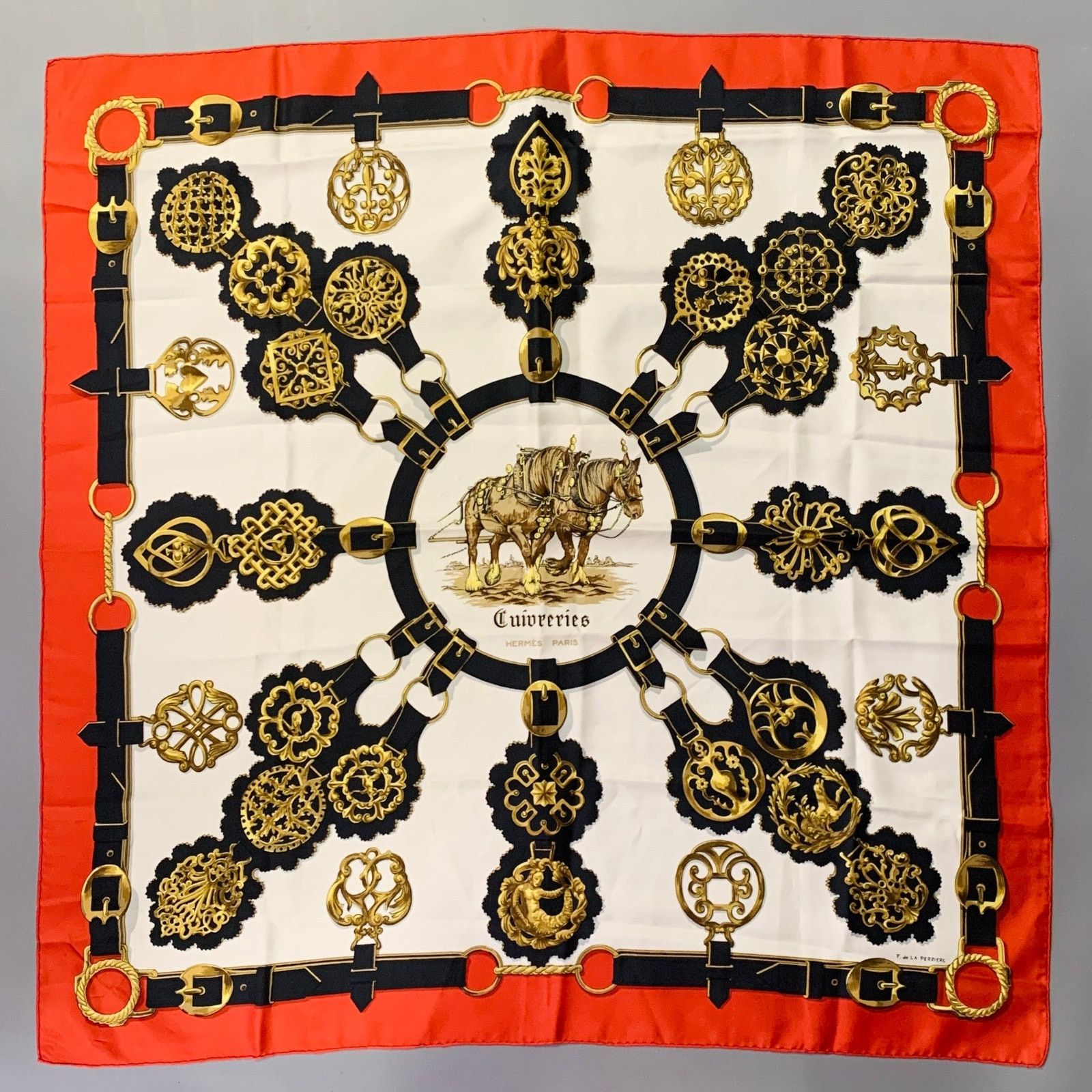 HERMES 1963 Cuivreris Red Gold White Black Horses Silk