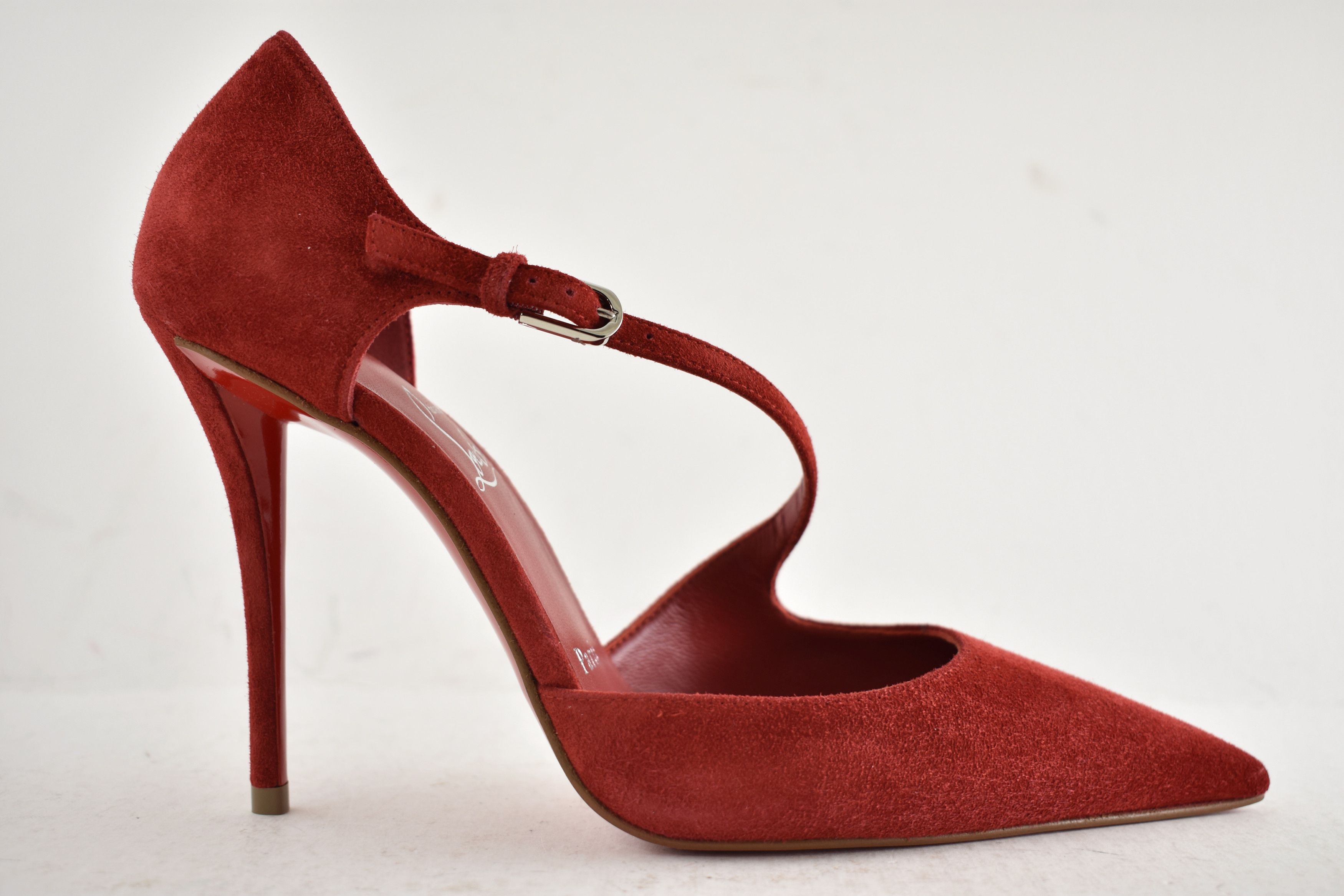 Christian Louboutin Miss Ziggyta 100 Fever Red Suede Cross Strap Heel Pump 36.5 Size US 6.5 / IT 36.5 - 2 Thumbnail