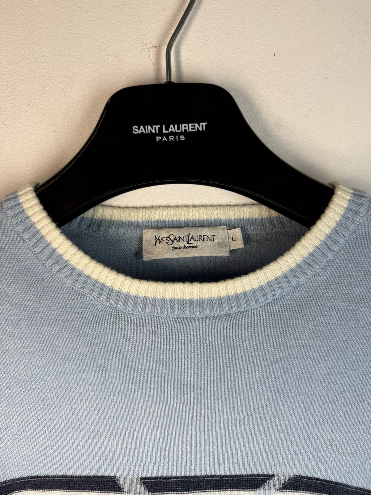 Yves Saint Laurent Blue YSL Sweater Knit Light Big Logo Size US L / EU 52-54 / 3 - 23 Thumbnail