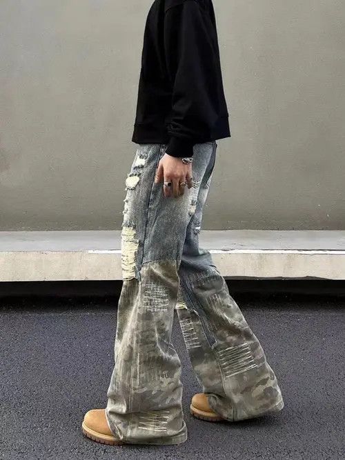 Jean Heavy duty washed and torn camouflage patchwork jeans Size US 34 / EU 50 - 5 Thumbnail