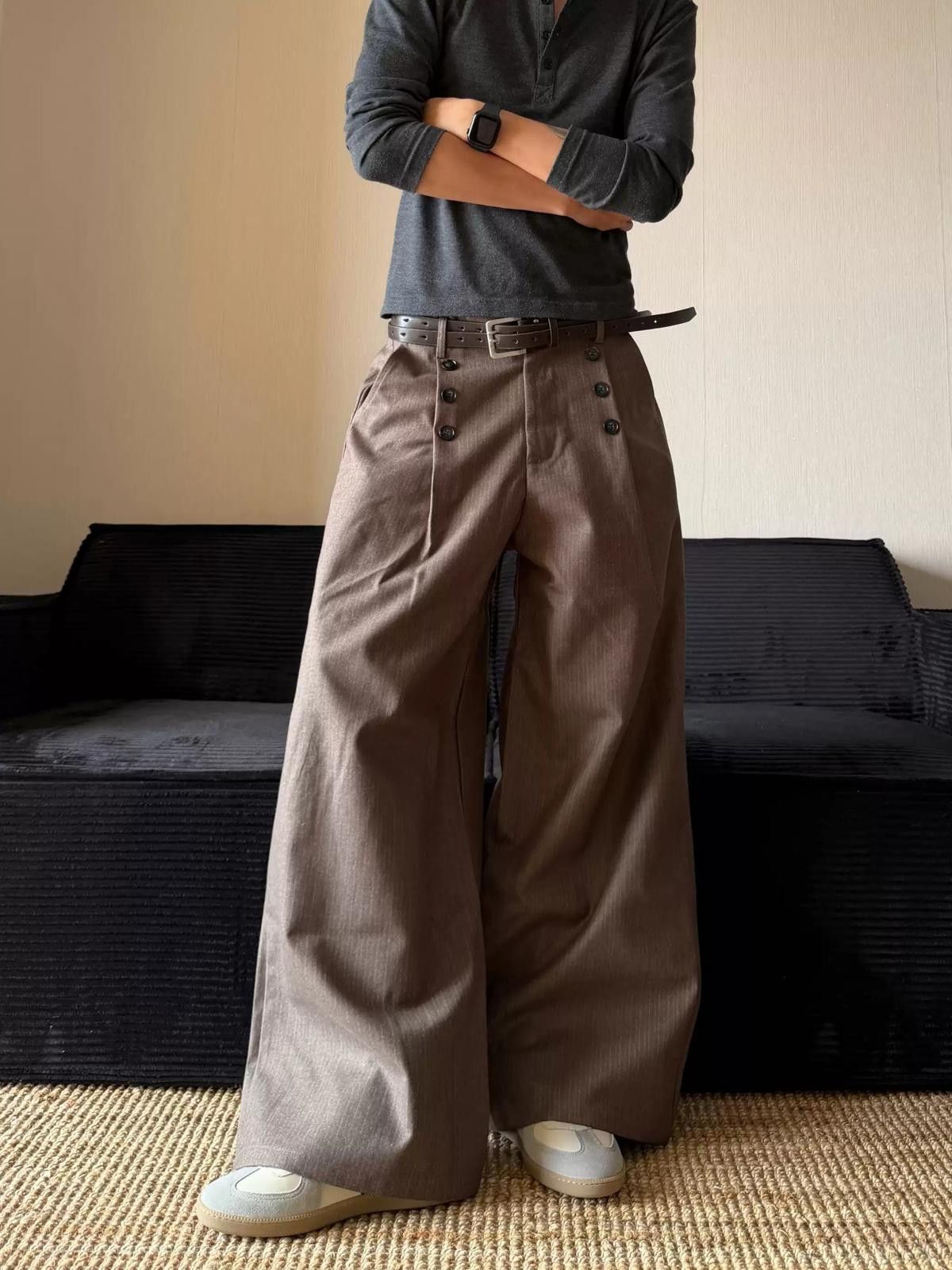 Other Brown Wide Leg High Waist Pants, Button Detail Trousers Size US 28 / EU 44 - 4 Thumbnail