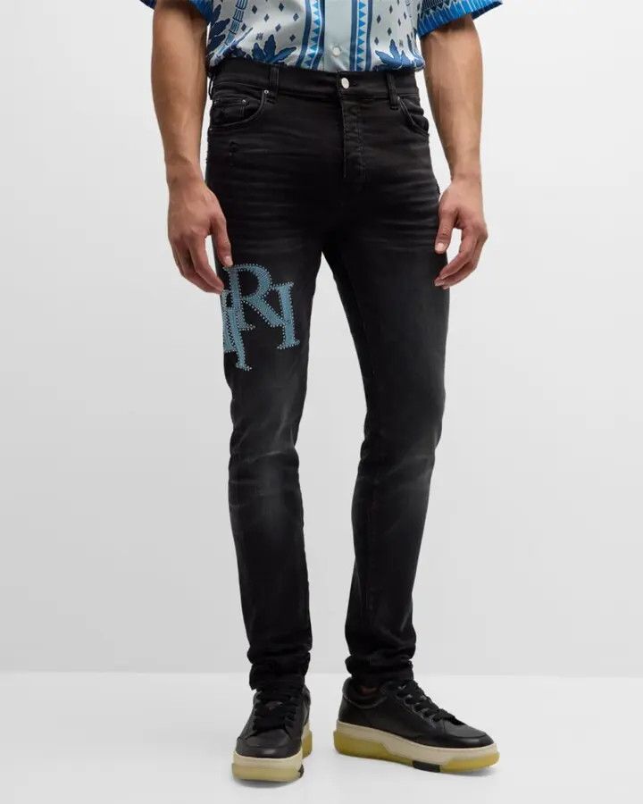 Amiri oc11z0525 Crystal Staggered Logo Jeans in Black Size US 31 - 4 Thumbnail