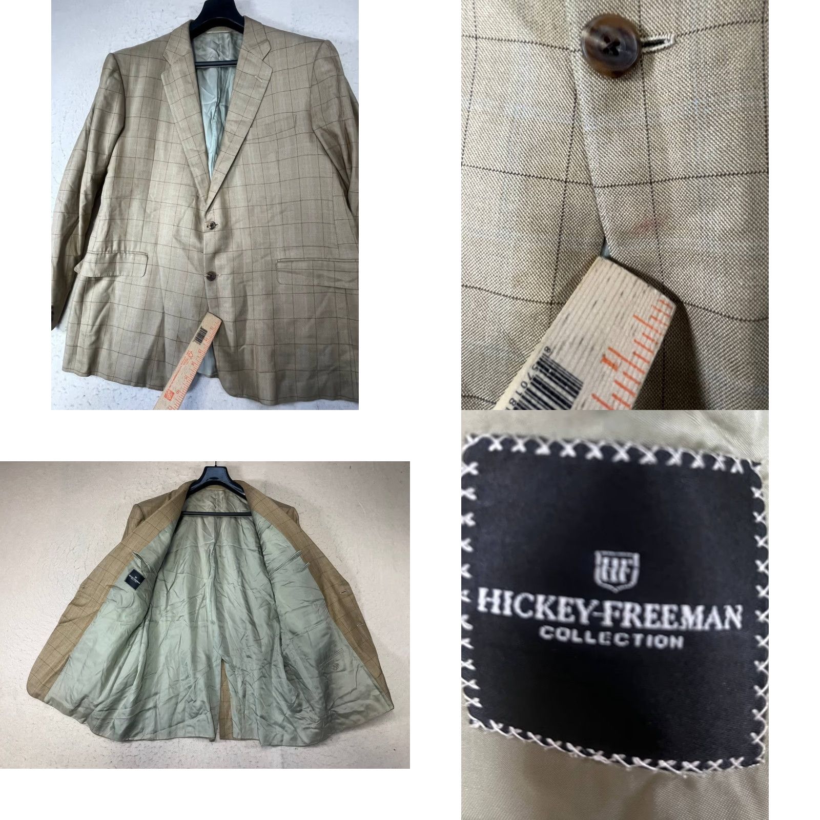 Vintage Hickey Freeman Sport Coat Blazer Men 46R Beige Plaid Wool Silk Two-Button Notch Lapel Regular Length Size 46R - 9 Thumbnail