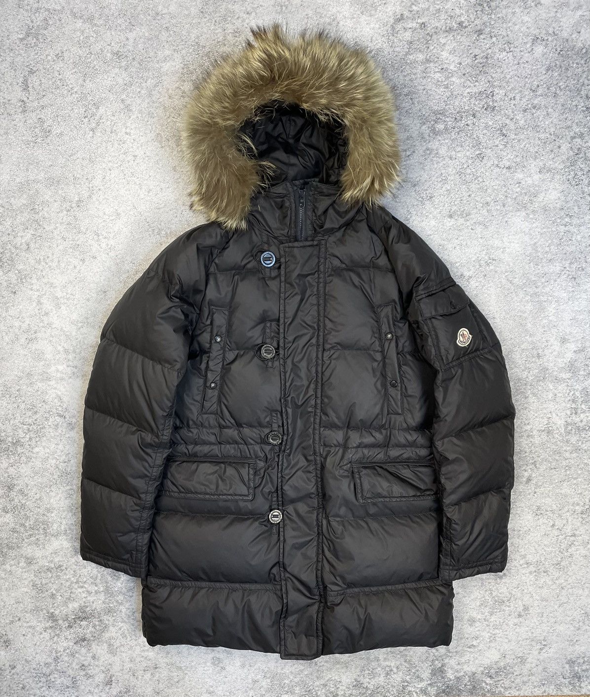 Image of Moncler Parka Puffer Black Fur Jacket, Men's (Size XL)