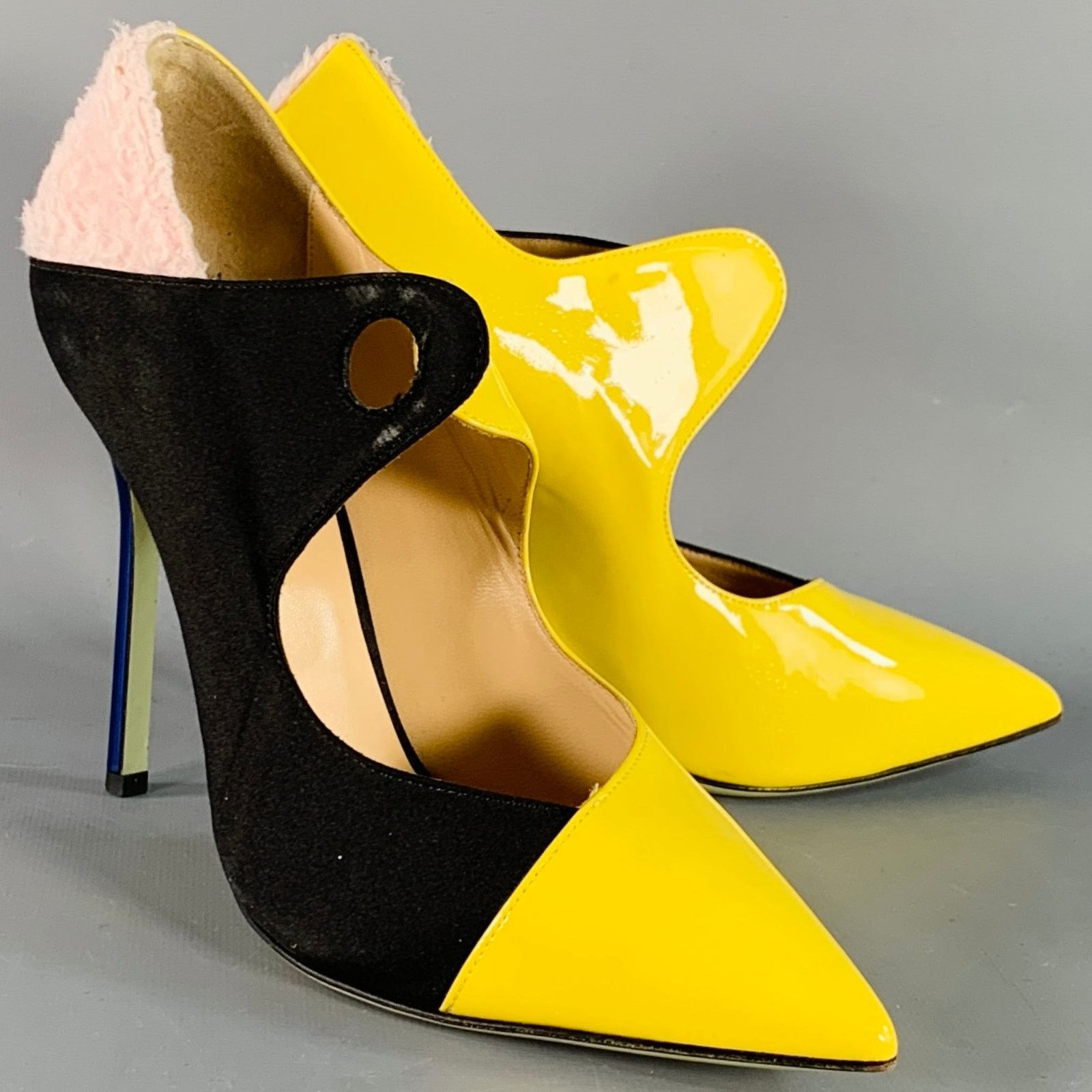 Other Yellow Black Pink Color Block Mixed Fabrics Stiletto Pumps Size US 8.5 / IT 38.5 - 1 Thumbnail