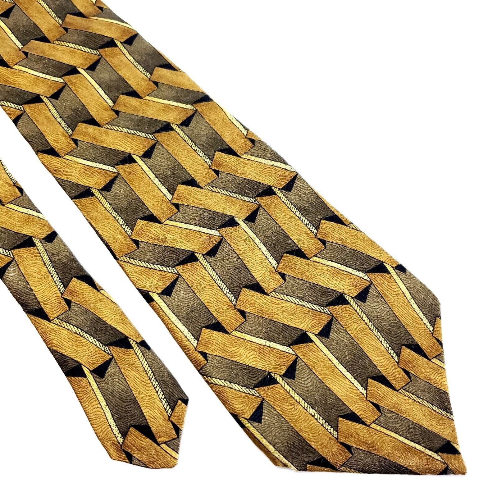 Albert Nipon Albert Nipon Silk Tie Yellow Print Geometric Beige Wide Size ONE SIZE - 1 Thumbnail