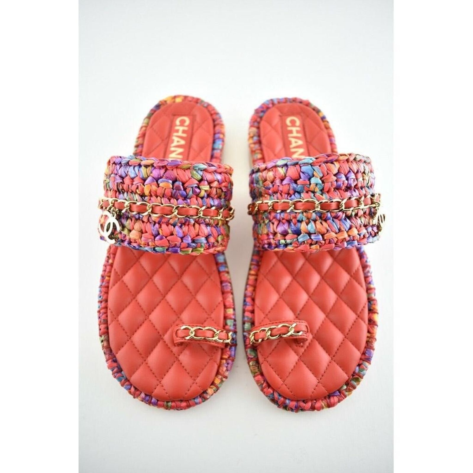 Chanel Chanel 20S Red Blue Purple Raffia Tweed CC Logo Mule Size US 6 / IT 36 - 5 Thumbnail
