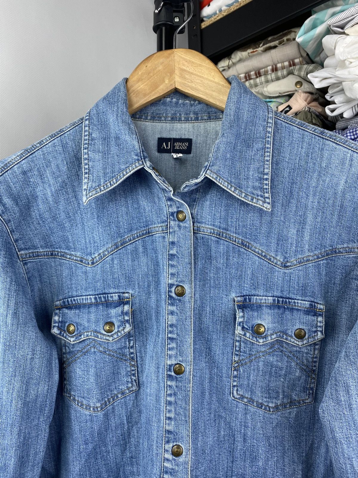 Designer × Giorgio Armani × Vintage 90s Giorgio Armani Jeans Blue Denim Indigo Rare Pocket Shirt Size L / US 10 / IT 46 - 2 Thumbnail