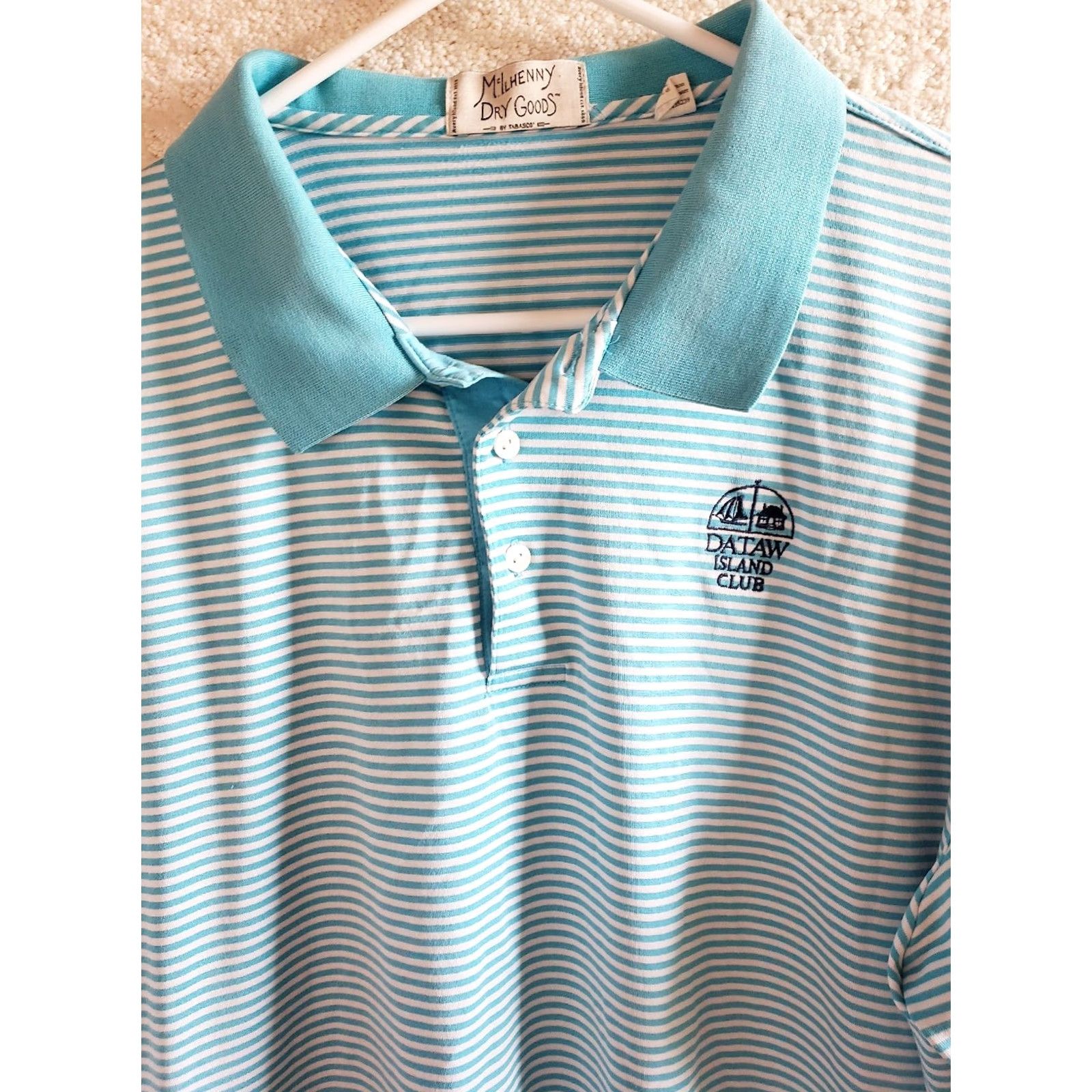 Vintage McIlhenny Dry Goods Polo Shirt Mens XL Blue White Striped 50 Chest Short Sleeve Collared Logo Trim Golf Dataw Island Casual Activewear Shirt Size US XL / EU 56 / 4 - 3 Thumbnail