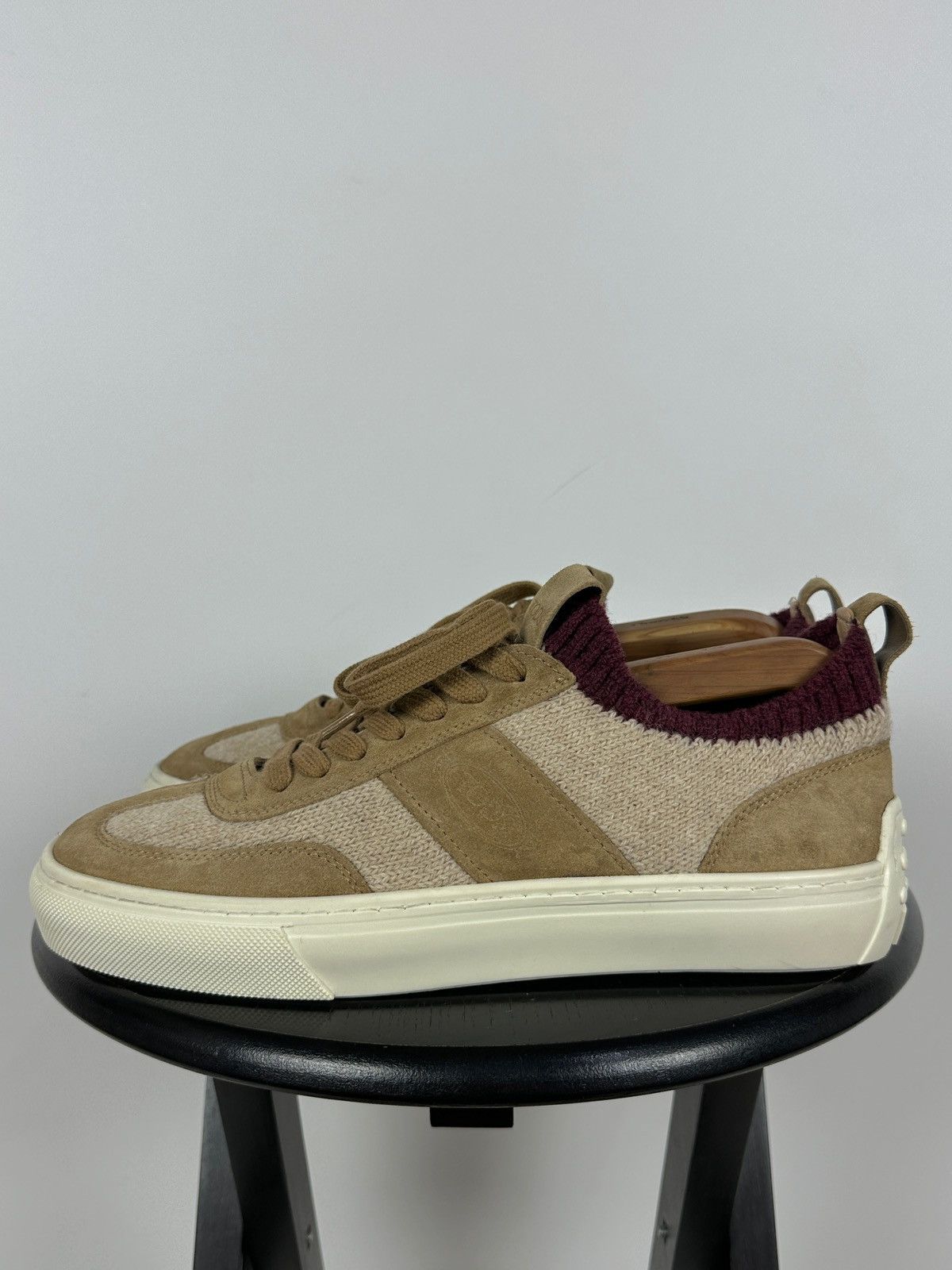 Tod's Tod’s Knit Suede Beige/Burgundy Low Top Lace Up Sneakers Size US 9 / EU 42 - 3 Thumbnail