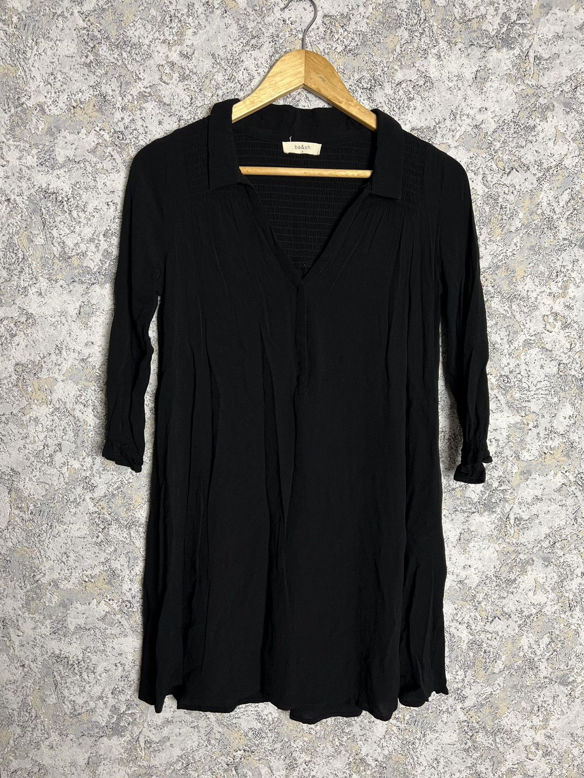 Designer × ba&sh Ba&sh Black V-Neck Blouson 3/4 Sleeve Tunic Mesh Dress Size1 Size XS / US 0-2 / IT 36-38 - 1 Thumbnail