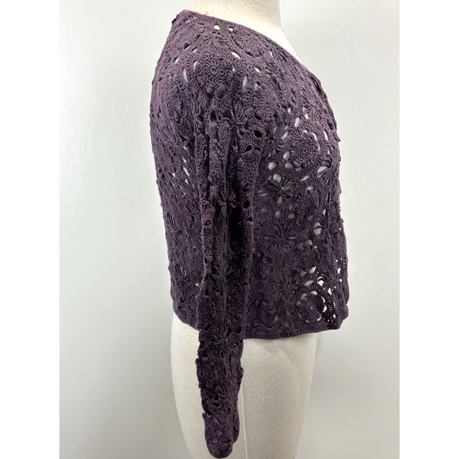 Pierre Cardin VINTAGE Pierre Cardin Crochet Cardigan Sweater Womens PM Purple Linen Blend Festival 90s Y2K Boho Whimsigoth Festival Ladies PM Ladies Size M / US 6-8 / IT 42-44 - 4 Thumbnail
