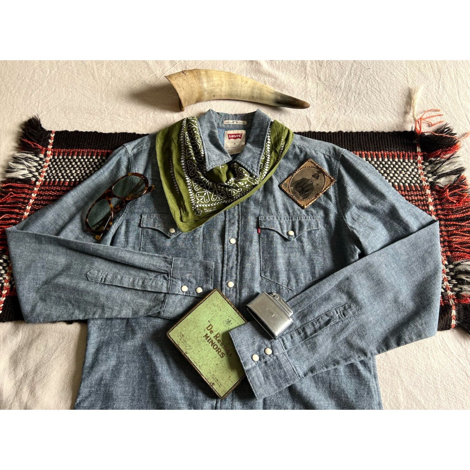 Levi's VINTAGE LEVIS Chambray Barstow Western Shirt M 2014 Pearl Snaps Mint Blue Solid Mens Regular Size US M / EU 48-50 / 2 - 3 Thumbnail