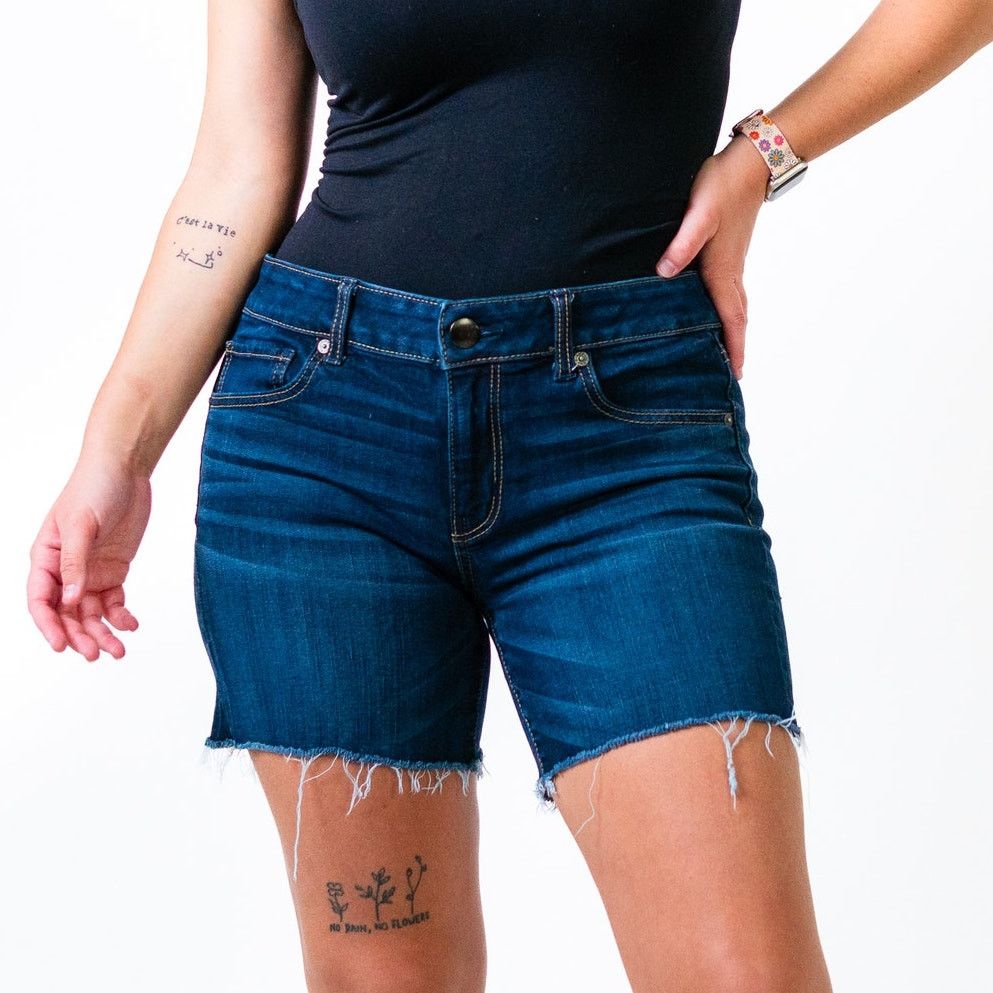 American Eagle Outfitters AEO Mid Rise Super Stretch Dark Indigo Cutoff Jean Shorts Size 32" / US 10 / IT 46 - 1 Thumbnail