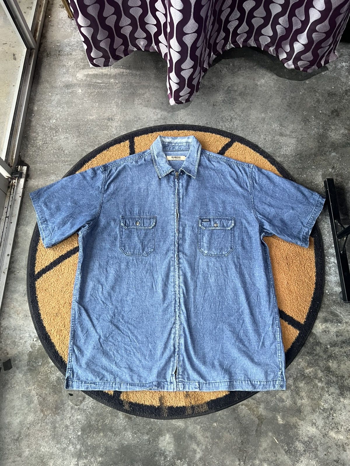 Kansai Yamamoto 🔥Kansai Jeans Zipper Short Sleeve Denim Shirt Size US XXL / EU 58 / 5 - 1 Thumbnail
