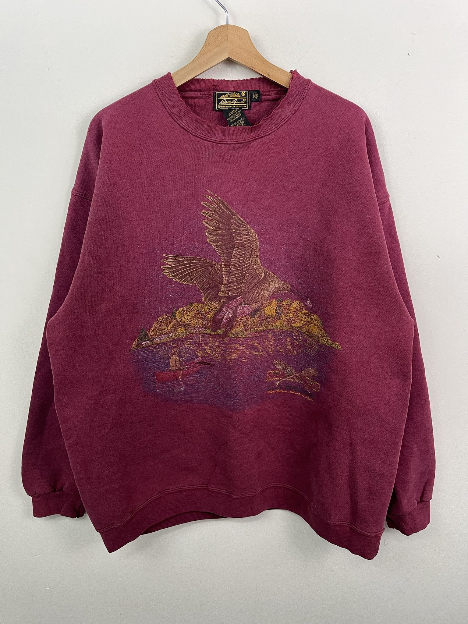 Vintage 1990s Eddie Bauer Graphic Sweatshirt Where Adventure Begins Distressed Crewneck Size XL