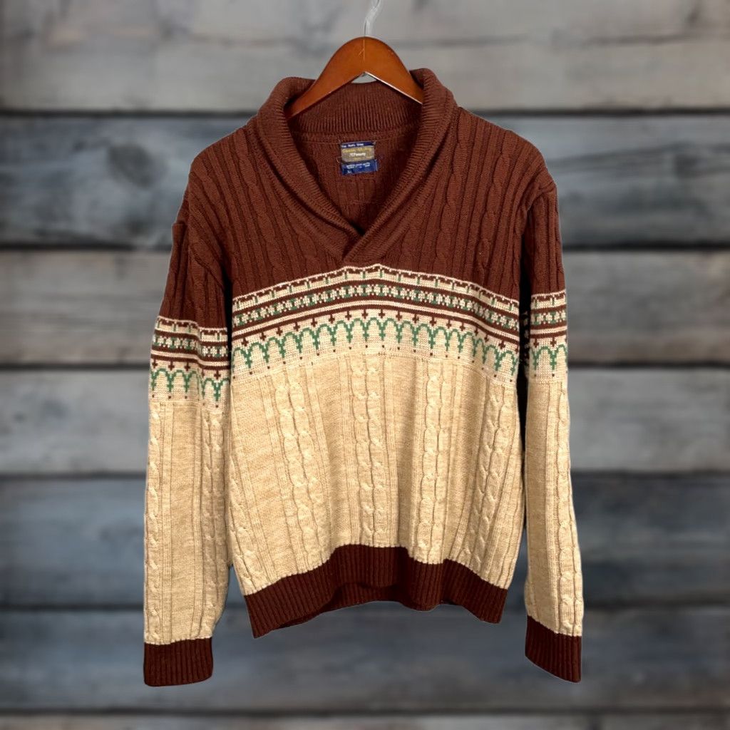 JCPenney VINTAGE J. C. Penney Shawl Collar Sweater Mens Large Beige Brown Fair Isle 70s VTG Size US L / EU 52-54 / 3 - 1 Thumbnail