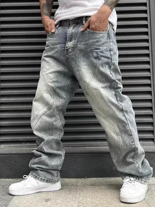image of Street 90's Hiphop Washed Skateboard Hip-Hop Jeans in Light Blue, Men's (Size 32)