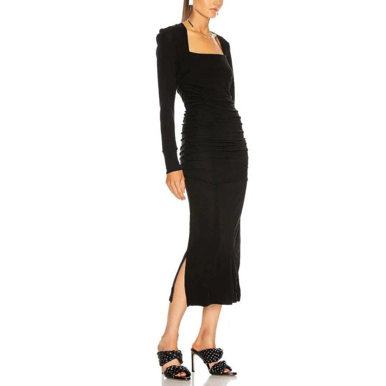 Ganni GANNI Black Ruched Crepe Maxi Dress Long Sleeve Square Neck Size S / US 4 / IT 40 - 1 Thumbnail