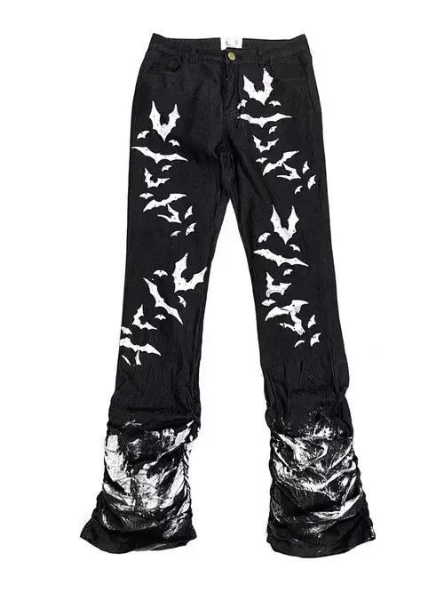 Washed distressed pleated micro-flare bat-print jeans